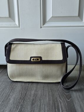 Etienne Aigner Woven Straw Canvas Bag Brown Leather Like Trim Shoulder Bag